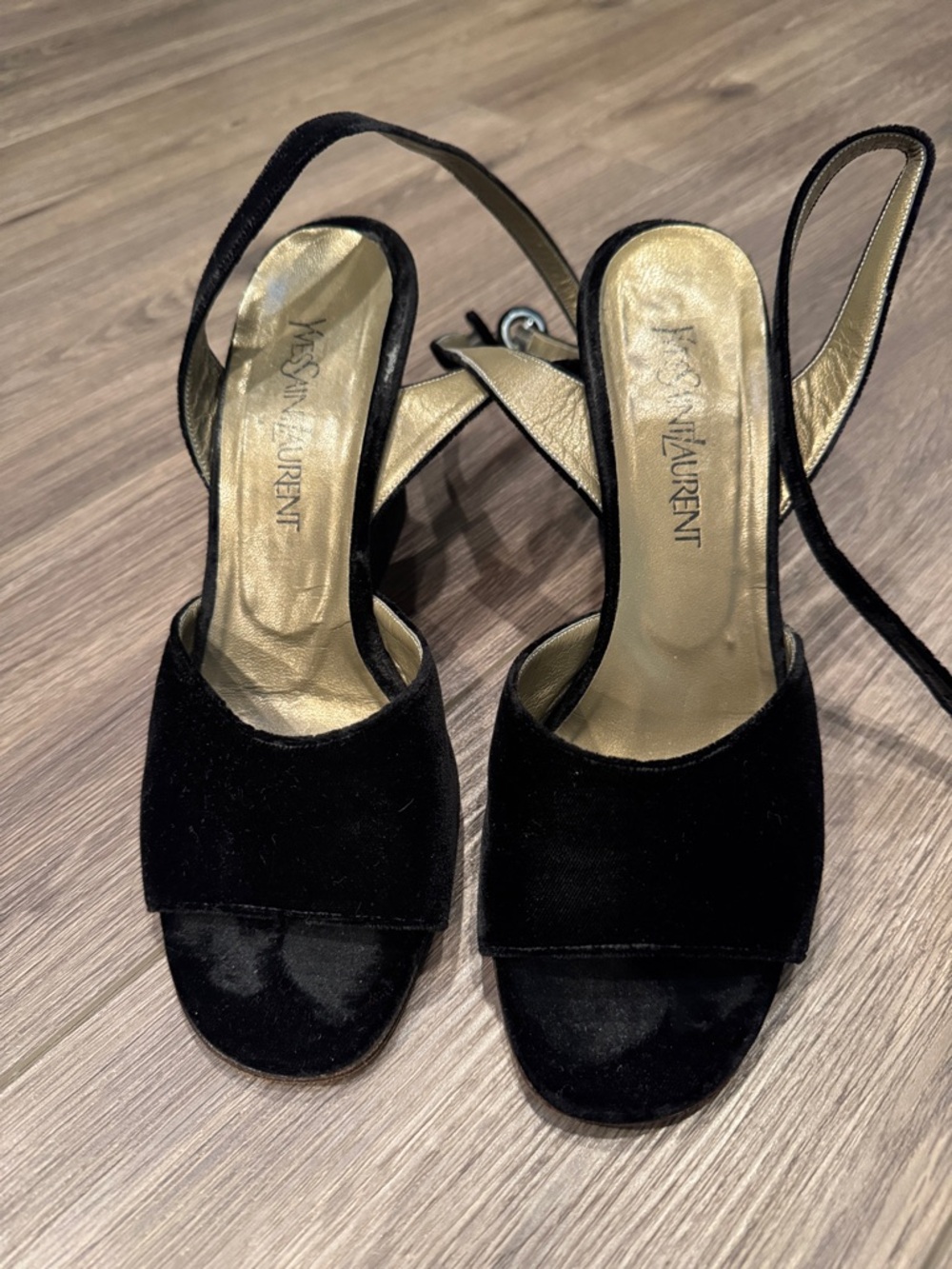 Yves Saint Laurent Black Velvet Gold Insole Slingback Heels